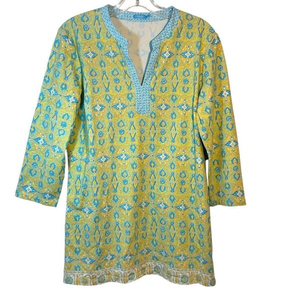 J MCLAUGHLIN LADIES LARGE yellow GREEN BLUE TUNIC SANTANA KNIT CASUAL EVERYDAY - Picture 11 of 11